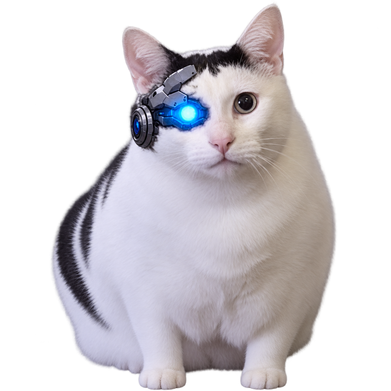 White cyber cat with a glowing blue robotic eye